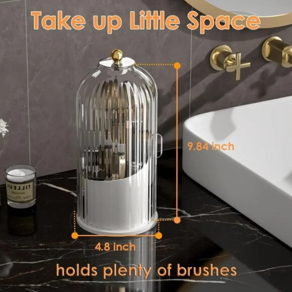New 360° Rotating Clear Makeup Brush Holder with Lid for Vanity & Room